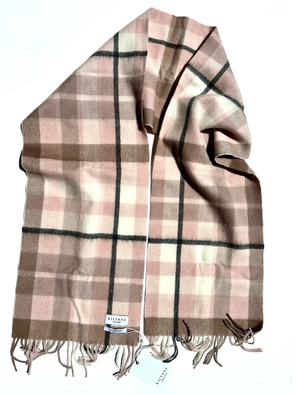 NWT Kiltane Lambswool Pink, Cream, Black & Brown Plaid Check Fringed Scarf 62x12
